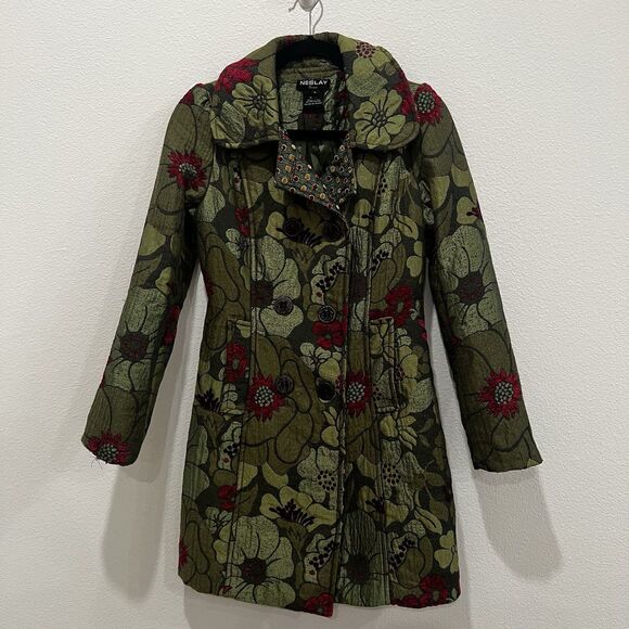 Neslay Paris Women Sz S Jacquard Long Blazer Jacket Black Green Floral Fairy - Picture 2 of 10